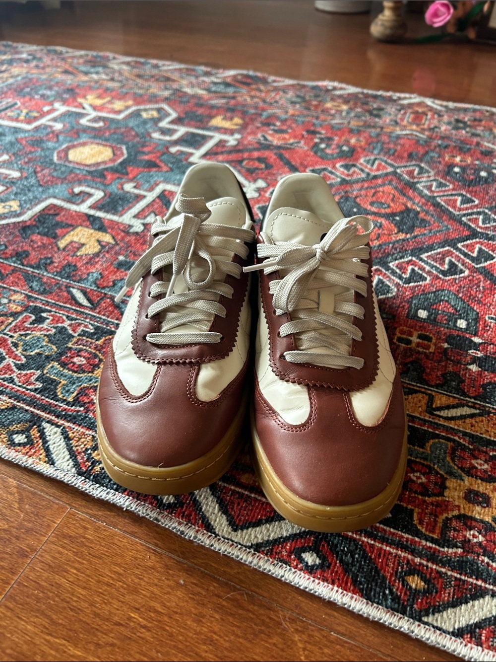 Leather Lace-Up Sneakers in White and Brown , black